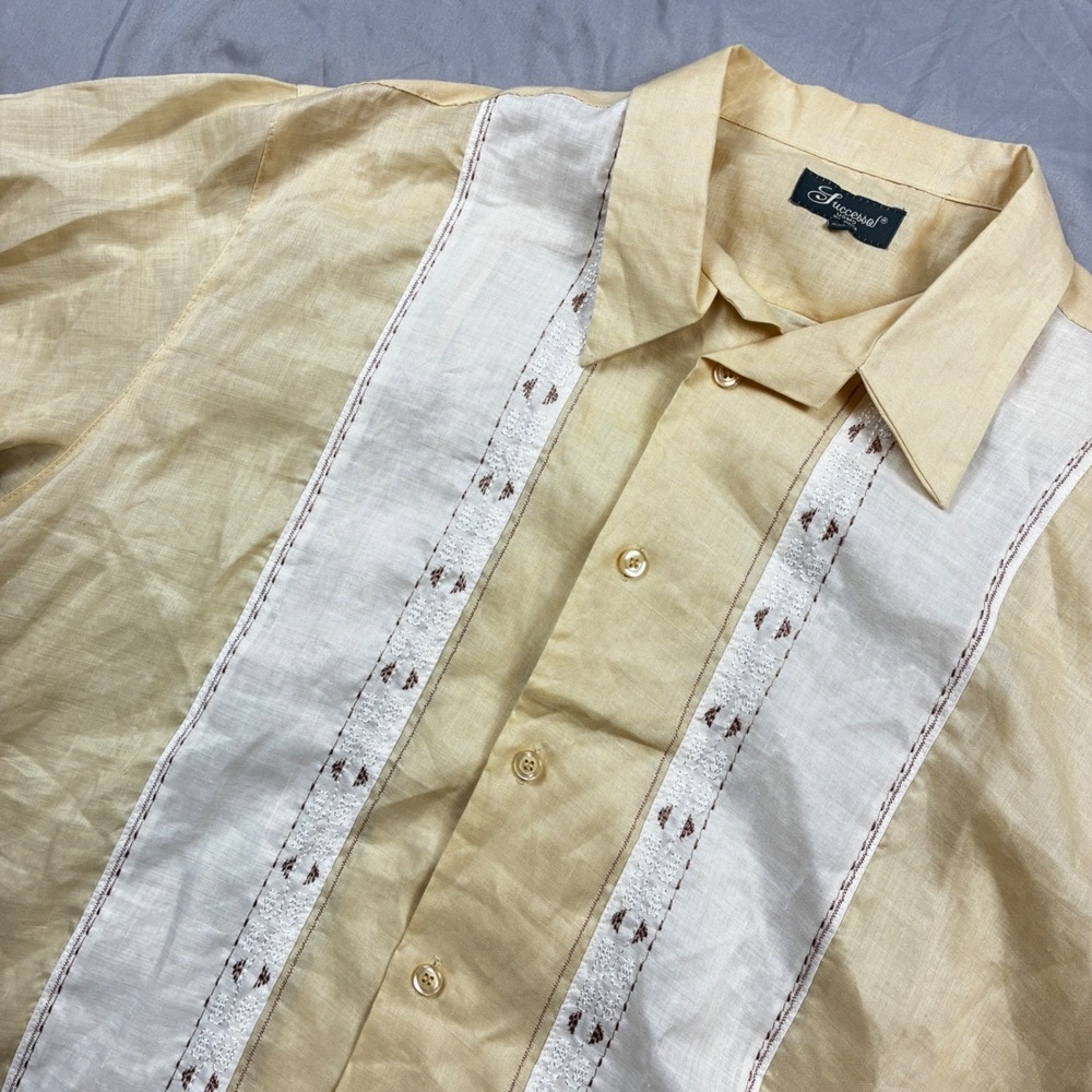 Successo Uomo Linen Bowling Shirt Mens XXL Yellow White Embroidered Guayabera